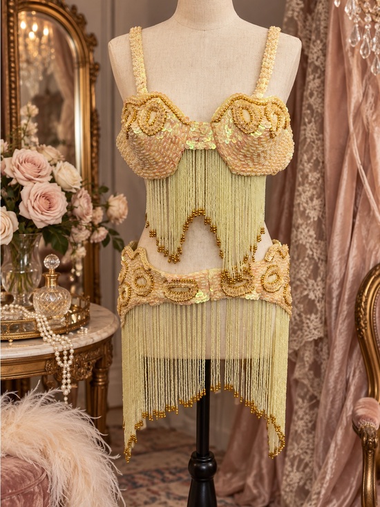 Other - Vintage Beaded Fringe Showgirl Belly Dance Bra Belt Set Gold Sequin Costume